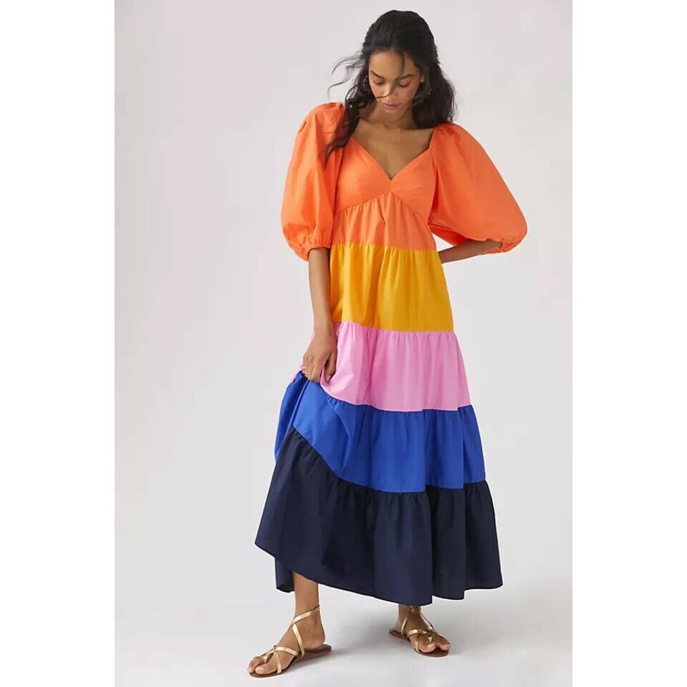 Anthropologie Farm Rio Tiered Colorblocked Maxi Dress Size XL